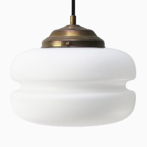 Mid-Century White Matte Opaline Glass and Brass Pendant Light
