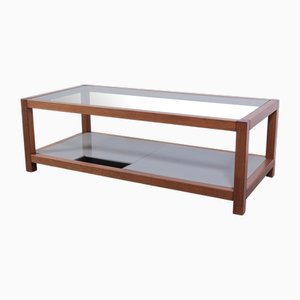 Low TV Stand Coffee Table in Cherry Wood and Glass, 1980s