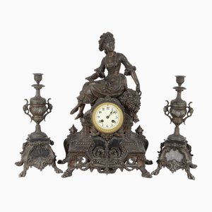French Fireplace Clock in Bronze with Brass Movement by S. Marti & Cie, 1870s, Set of 3