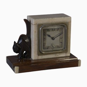 Art Deco Macassar Ebony and Marble Alarm Clock with Small Ebony Cat from Bayart, 1930s