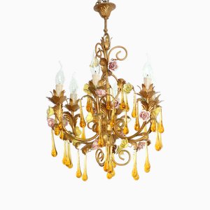 Gold-Plated Metal and Porcelain 6-Flame Chandelier with Murano Glass Drops, 1980s