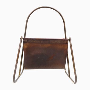 Mid-Century Model 4019 Newspaper Rack in Brass and Leather attributed to Carl Auböck for Werkstätte Carl Auböck, 1950s