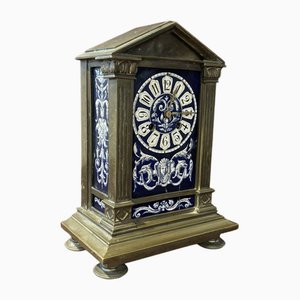 French Architectural Antique Brass Clock with Painted Panels