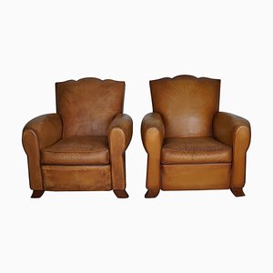 Set of French Cognac Moustache Back Leather Club Chairs, 1950s