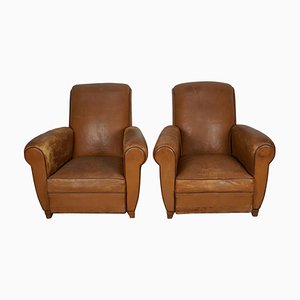 Poltrone vintage in pelle color cognac, Francia, anni '50, set di 2