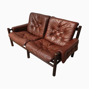 Sofá Bruksbo Safari noruego de madera y cuero, años 60