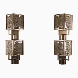 Large Wall Sconces in Brass and Amber Glass, 1980s, Set of 2