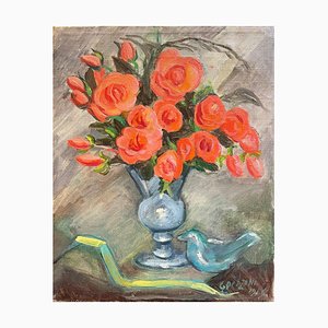 Stéphanie Caroline Guerzoni, Rose e uccelli, Olio su tela, 1966