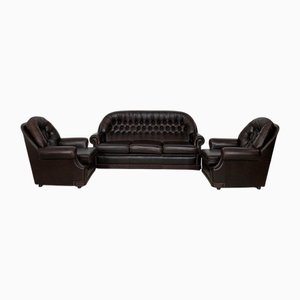 Divano e poltrone Chesterfield in pelle, set di 3