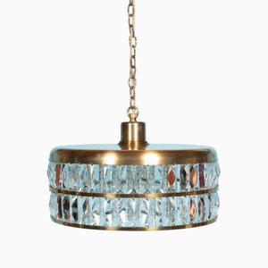 Vintage Glass Hanging Lamp in Crystal & Brass, 1960s