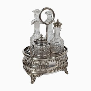 Vintage Silver-Plated Cruet Set with Cut and Beveled Crystal Glass Bottles, 1950s, Set of 5
