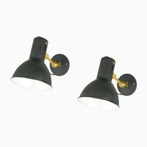 Lámparas de pared ajustables Mid-Century de aluminio pintado en negro y latón, años 50. Juego de 2