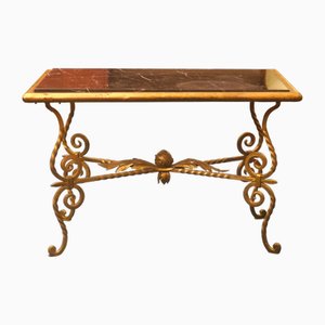 Wrought Iron and Veined Marble Coffee Table, 1940s-1950s