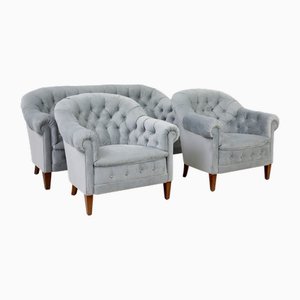 Antikes Sofa und Stühle mit Knopfleiste, 1900, 3er Set