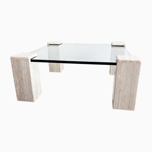 Mesa de centro de travertino y vidrio, años 70