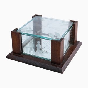 Portagioie Art Deco in vetro sfaccettato e quercia, anni '30