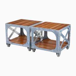 Industrial Side Tables in Galvanised Steel and Teak, 1990, Set of 2