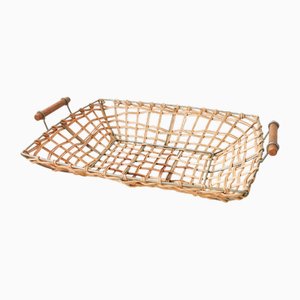 Scodella Mid-Century in vimini e metallo, anni '50