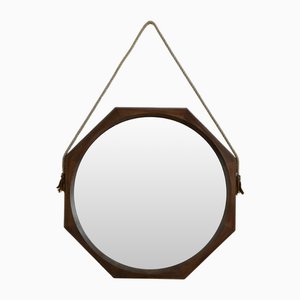 Octagonal Mirror with Wooden Frame and Cord Detail with Leather Accents, 1950s