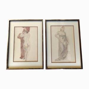 Aquarelles, Camille Roche, Nus de Face et de Dos, 1920s-1940s, Set de 2