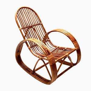 Postmodern Bamboo Rocking Chair with Red, Black and White Fabric Upholstery, 1970s