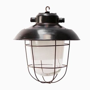 Vintage Industrial Black Enamel and Semi-Frosted Glass Pendant Light