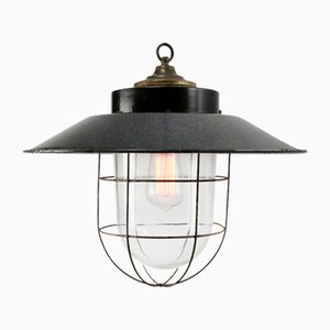 Vintage Industrial Bakelite, Grey Enamel, Brass and Clear Glass Pendant Light