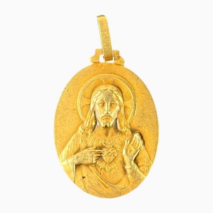 Colgante con medalla de la Virgen del Sagrado Corazón francés con el niño en oro amarillo de 18 k de Perriat, años 30