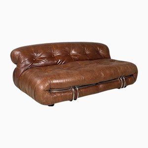 Italian Modern Brown Leather Soriana Sofa attributed to Afra & Tobia Scarpa for Cassina, 1970s