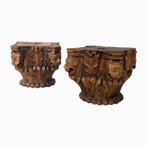 Antique Italian Capitals in Engrave Wood with Gargoyle and Human Face, 1600s, Set of 2