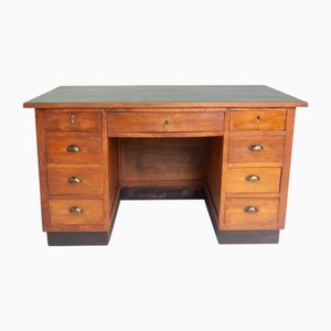 Bureau Ministériel Vintage en Bois avec Plateau en Faux Cuir Vert