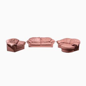 Vintage Italian Lounge Set in Rose Pink Leather, 1970s, Set of 4