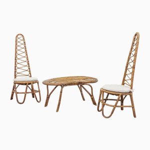 High Back Bamboo Chairs and Table, 1960s, Set of 3