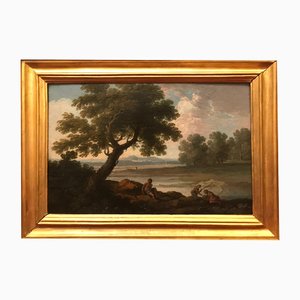 Andrea Locatelli, Landscape with Fisherman, 18th Century, Oil on Canvas, Framed