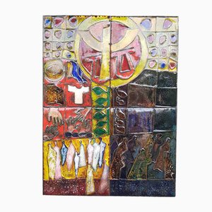 Dekorative Wandplatte aus mehrfarbig emailliertem Kupfer auf Holz, 1960er