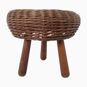 Wicker & Beechwood Tripod Stool attributed to Tony Paul, 1950s