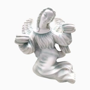 Wall Mounted White Glazed Ceramic Cherub Candleholder from Goldscheider, Austria, 1930s