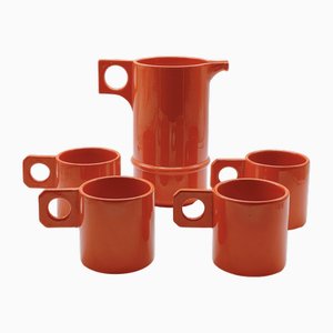 Tazas de cerámica con jarra Il Picchio en naranja, Italia, años 70. Juego de 5