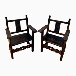 Set of 19th Century Spanish Colonial Carved Altar Armchairs with Wooden Seats