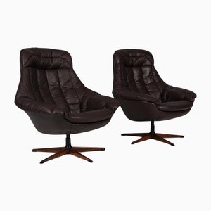 Lounge Chair Mode Silhouette in Brown Leather and Swivel Base attributed to h.w. Klein for Bramin, 1970s