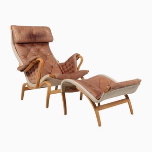 Set of Pernilla Lounge Chair with Ottoman in Patinated Leather attributed to Bruno Mathsson for Dux, 1980s
