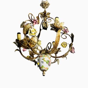 Brass and Ceramic Florentine Flower Shape Chandelier, Germany, 1970s