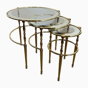 Tables Rondes en Laiton avec Plateaux en Verre Argenté, Set de 3