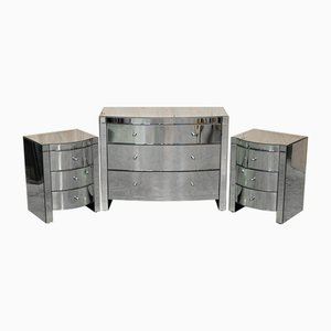 Commode à Tiroirs et Tables d'Appoint en Verre Miroir, Set de 2