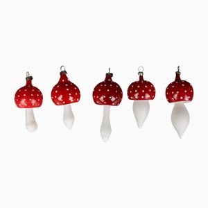 Mushroom Christmas Tree Ornaments in Red and White Glass, 1970s, Set of 5