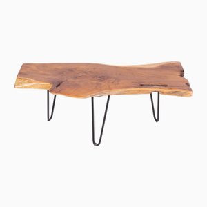 Industrial Coffee Table in Cedar Wood with Live Edge and Wrought Iron Legs