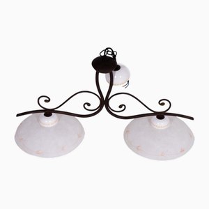 Vintage Wrought Iron Chandelier with Double Lampshade