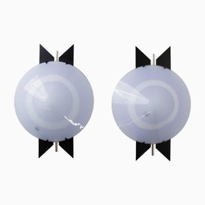 Light Blue Murano Glass and Black Metal Wall Lamps, Italy, 1980s, Set of 2
