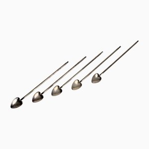 Cannucce da cocktail Mid-Century con cucchiai a forma di cuore, anni '50, set di 5