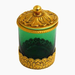 Kleiner Toilettentopf aus grünem Glas & goldenem Metall, Blumen & durchbrochenem Spitzendekor, 1950er